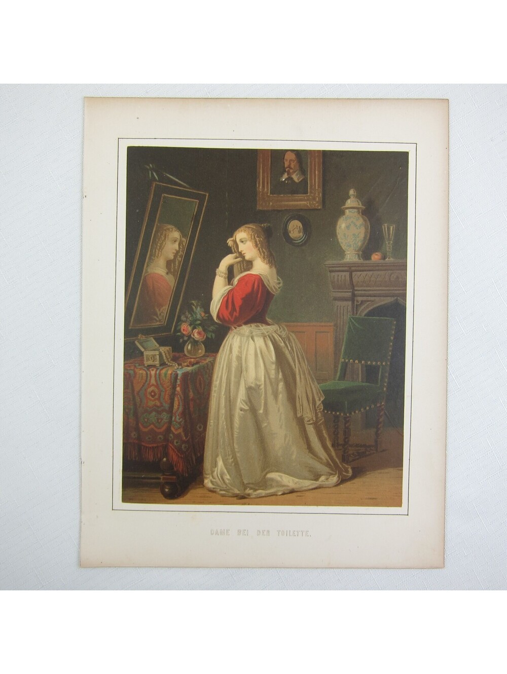 Antique 1862 Color Lithograph Lady At The Toilet German RARE